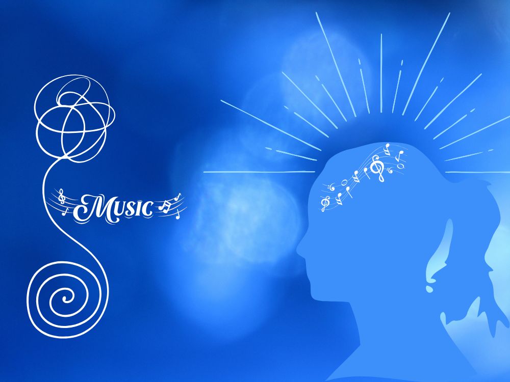 Uma imagem com o contorno da cabeça e pescoço de uma mulher. Símbolos de música, cifras, raios saindo da cabeça e um desenho para a mente.